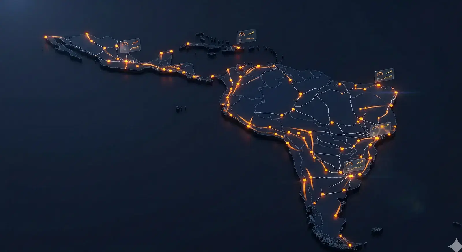 Mapa de Latinoamérica con puntos de rastreo vehicular en tiempo real