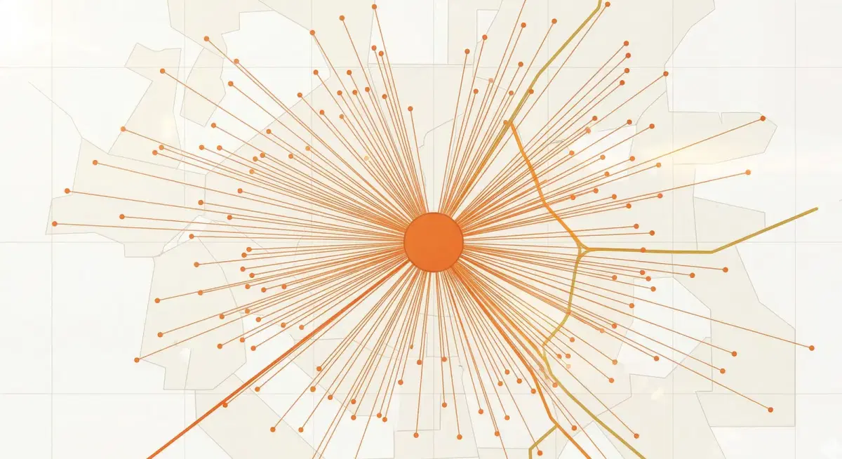 Red de distribución con hub central y rutas optimizadas