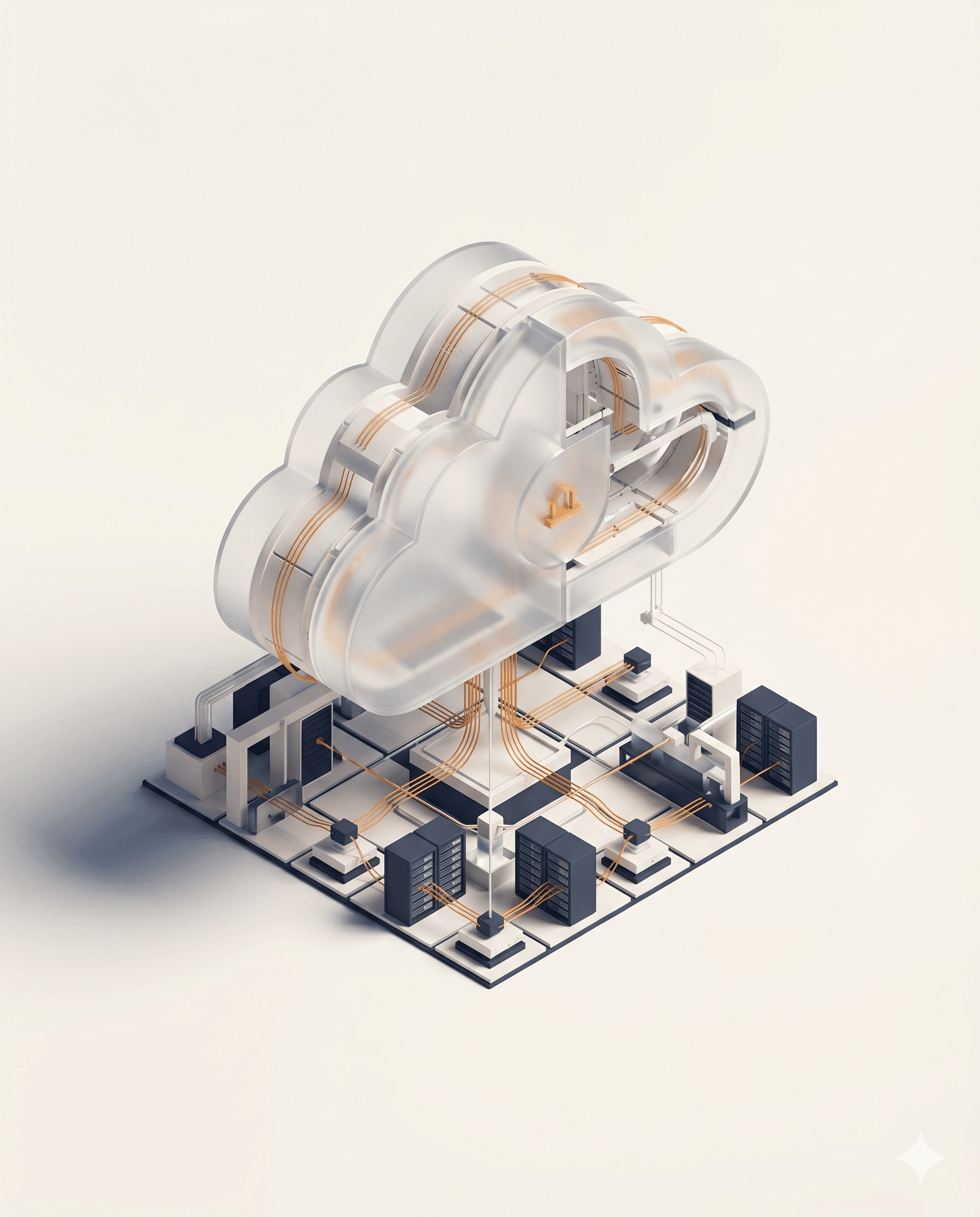 Nube translúcida isométrica conectada a servidores con flujos de datos naranjas representando migración, billing, seguridad y managed services en AWS