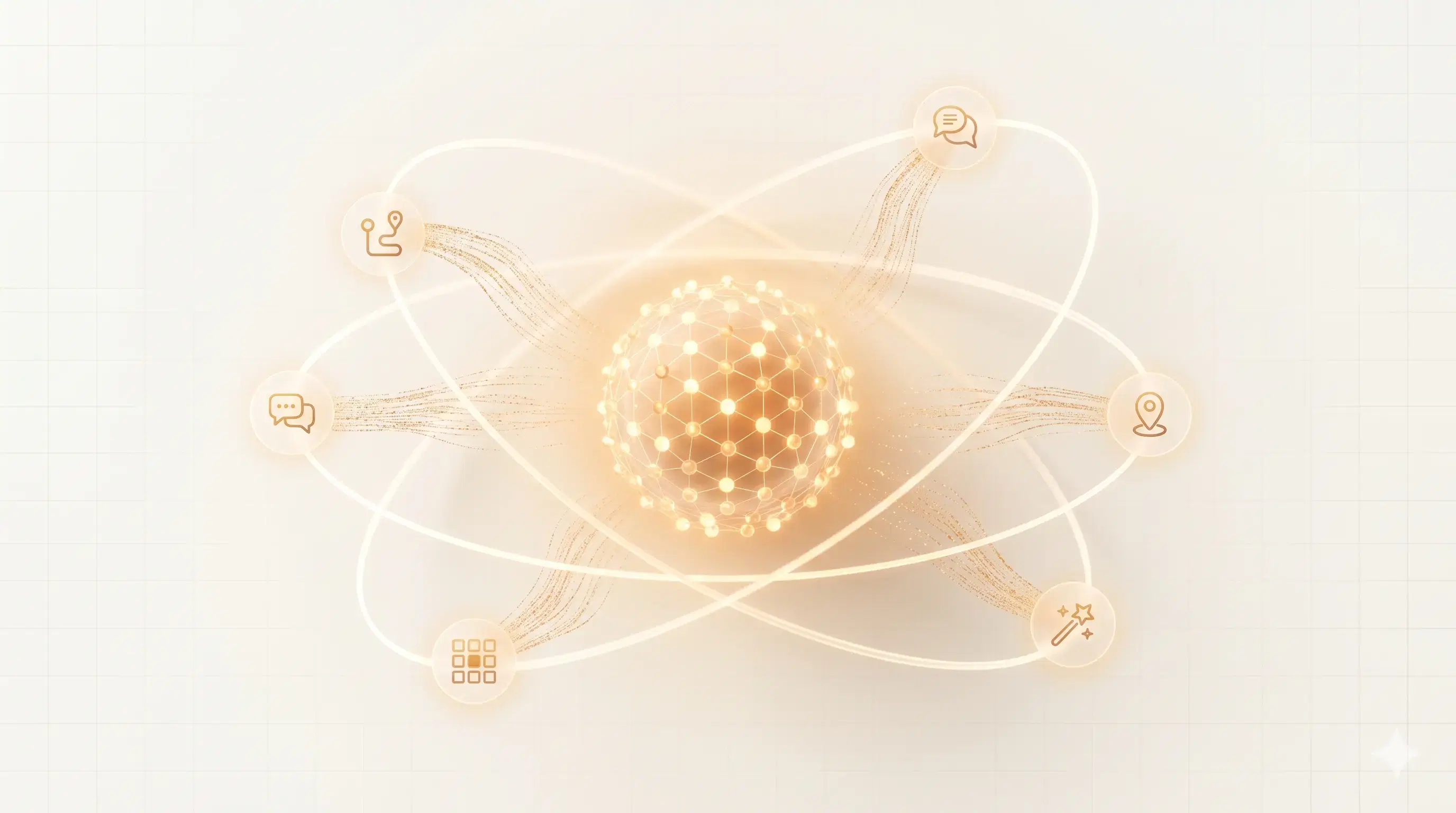 Núcleo neuronal luminoso con 5 órbitas de productos de IA de CNID