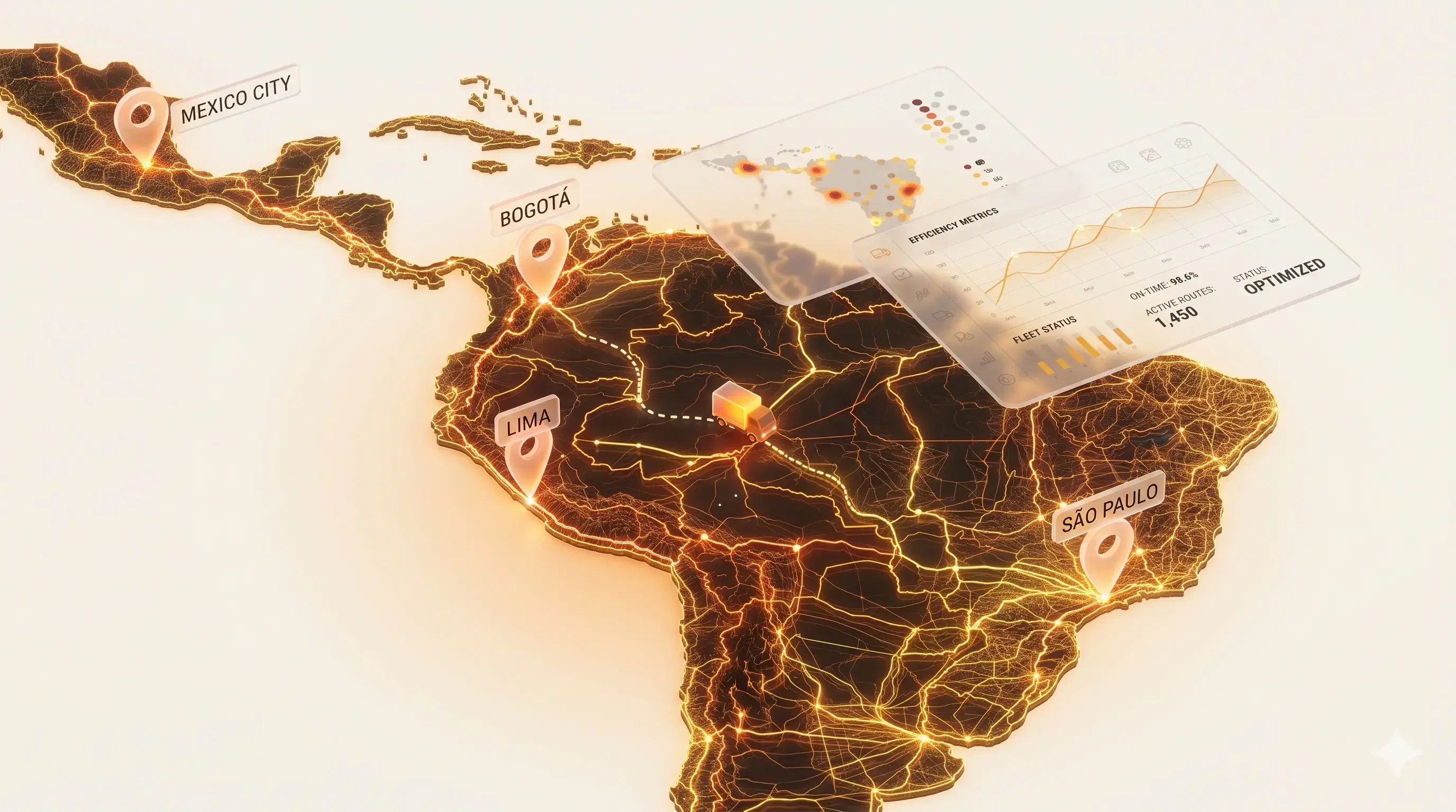 Mapa luminoso de Latinoamérica con rutas de optimización y pins de ciudades