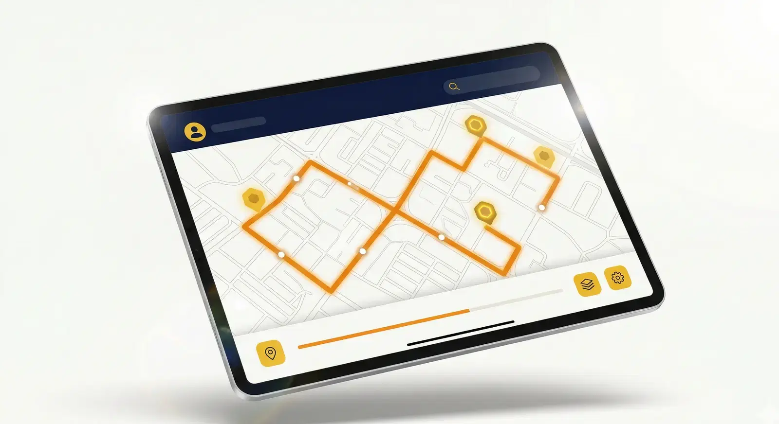 Tablet mostrando la interfaz de gestión de rutas de Rutify