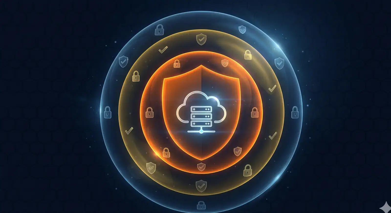 Escudos concentricos de seguridad cloud protegiendo infraestructura