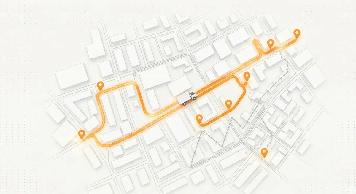 Ciudad estilizada con rutas de transporte optimizadas en naranja